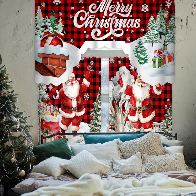 FuWeave Christmas Kitchen Curtains 3 Piece Set Santa Claus Window Curtains and Valance Set Xmas Curtain Swag for Kitchen Bedroom Living Room Decor, 60 x 36 Valance, 36 x 30 Tier - Image 5
